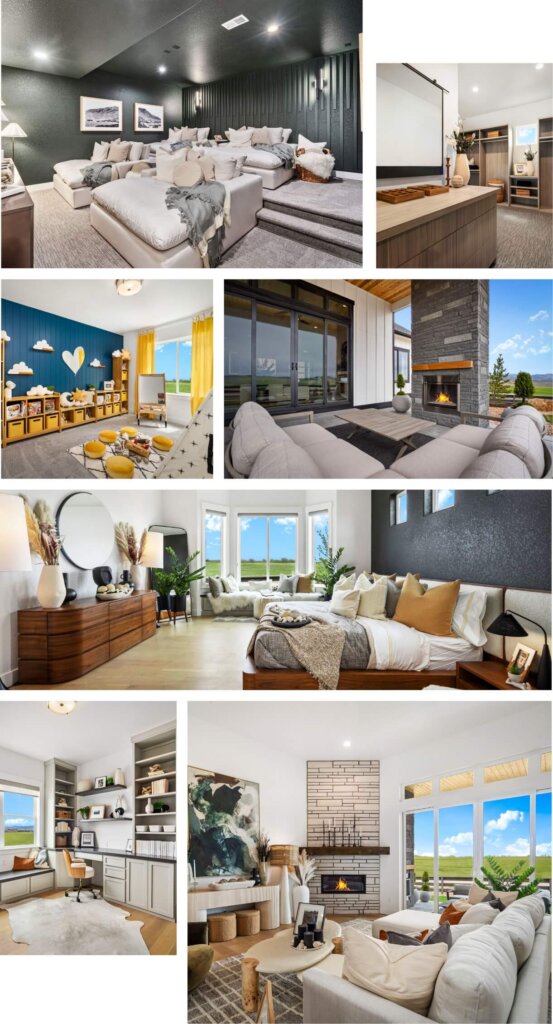 A collage of modern home interiors, reminiscent of model homes in Loveland, featuring stylish living rooms, chic bedrooms, and a playful playroom. Each space boasts elegant furniture and large windows that beautifully frame the breathtaking outside views.