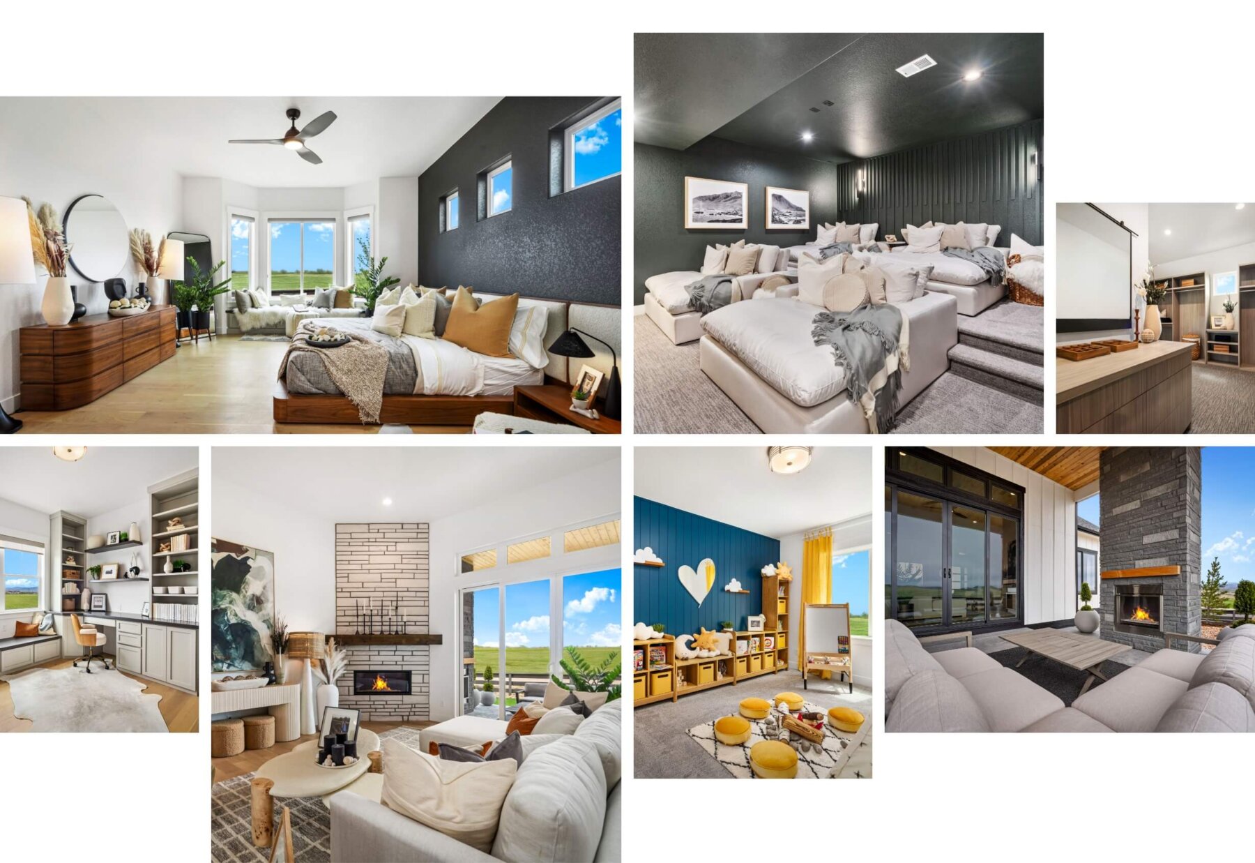 A collage of six rooms in a modern house, reminiscent of model homes in Loveland, includes a bedroom, home theater, office, living room, playroom, and outdoor patio. Each room is stylishly furnished with a contemporary design.