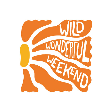 Illustration of an abstract orange and yellow sunburst with the words "Wild Wonderful Weekend" radiating from the rays, capturing the vibrant essence of Centerra in Loveland, Colorado, a community known for beautiful new homes.