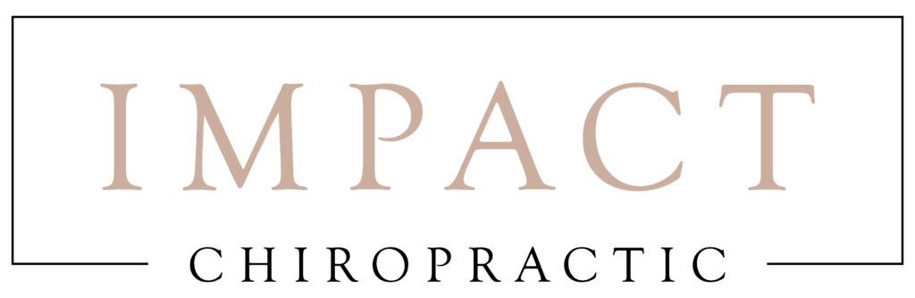 Impact Chiropractic" logo with beige letters on a white background, framed by two thin, black rectangular lines, located in the vibrant Centerra neighborhood in Loveland, Colorado.