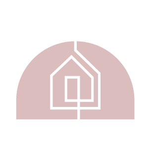 Minimalistic graphic of a house outline within a semicircle design on a pale pink background. Lines intersect the house and semicircle vertically and horizontally, reflecting the contemporary style of new homes in Loveland, Colorado's Centerra community.