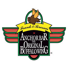 Logo for Frank & Teresa's Anchor Bar in Loveland, Colorado, featuring a winged buffalo above the text "The Original Buffalo Wing" with a red and green winged emblem background. This iconic spot is nestled in Centerra, where new homes are just a stone's throw away.