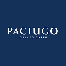 Paciugo Gelato Caffè logo with white text on a blue background, located near Centerra in Loveland, Colorado.