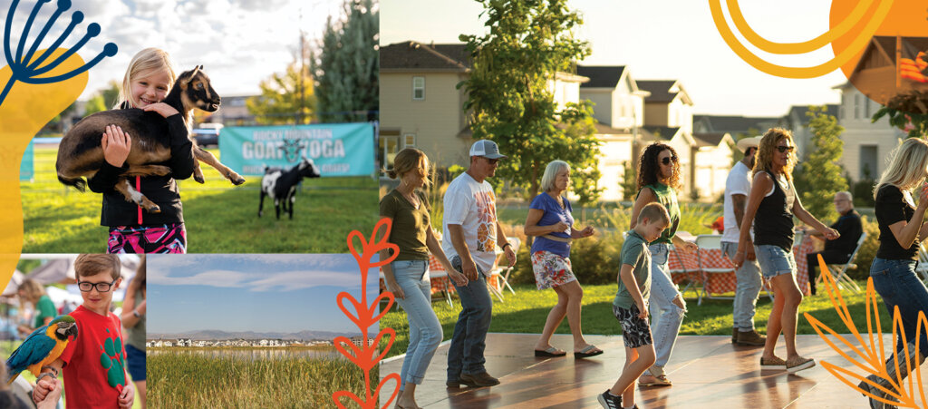 A vibrant collage captures moments from public events in Loveland, featuring a child holding a goat, people line dancing outdoors at Centerra, and a child with a parrot.